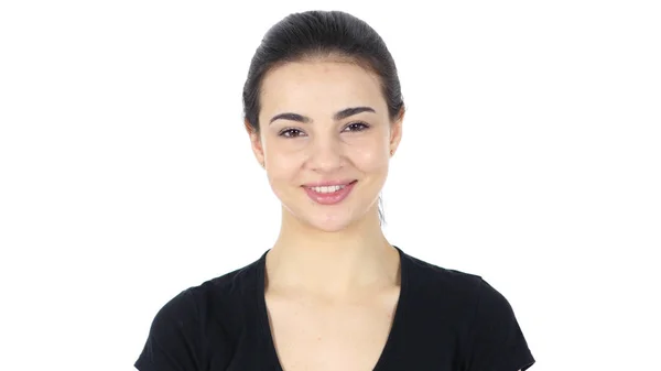 Porträt einer lächelnden Frau, weißer Hintergrund — Stockfoto