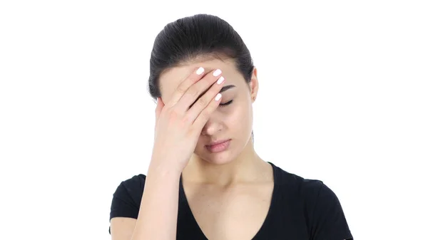 Dolor de cabeza, retrato de mujer sobre fondo blanco —  Fotos de Stock