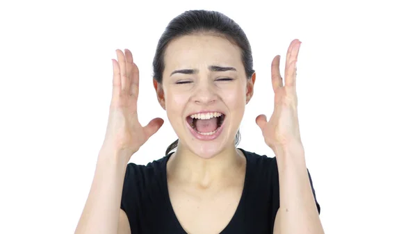 Retrato de mujer gritando, fondo blanco — Foto de Stock