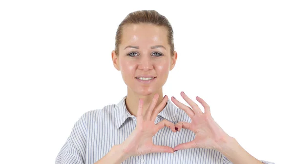 Coração feito à mão por mulher, fundo branco — Fotografia de Stock