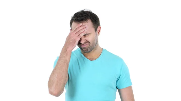 Dor de cabeça, homem de meia-idade frustrado, fundo branco — Fotografia de Stock