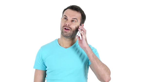 Middle Aged Man praten over telefoon, witte achtergrond — Stockfoto