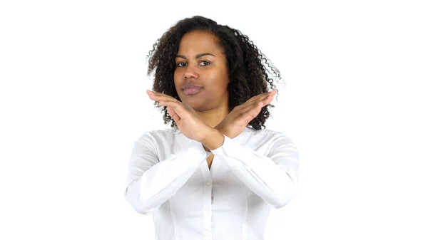 Mujer negra rechazando, negando oferta, fondo blanco — Foto de Stock