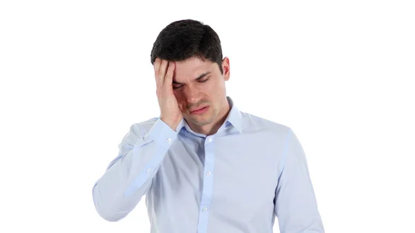 Dor de cabeça, Empresário Bonito Frustrado, Fundo Branco — Fotografia de Stock