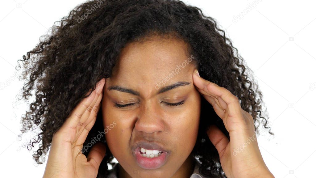 Frustrated Black Woman with Headache, white Background