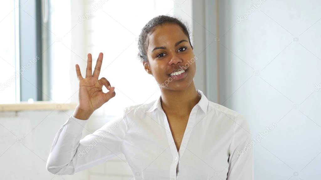 Ok, Gesture of Okay by Afro-American Woman in Office