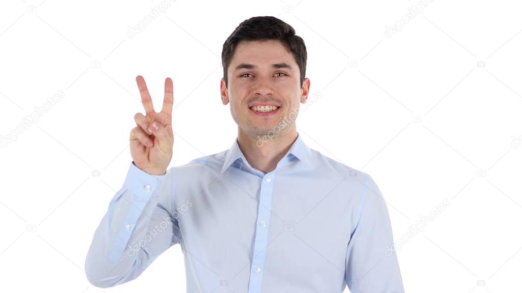 Victory Sign by Handsome Businessman, White Background