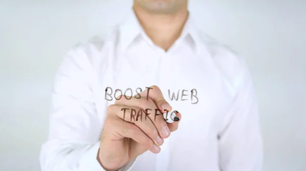 Boost Web Traffic, Man Writing on Glass, Handwritten