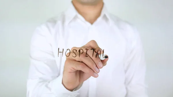 Kórház, üzletember írás üveg — Stock Fotó