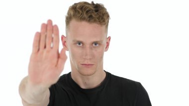 Dur işareti, adam beyaz arka plan üzerinde durdurma