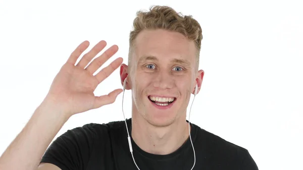 Beyaz arka plan üzerinde genç adam tarafından görüntülü sohbet