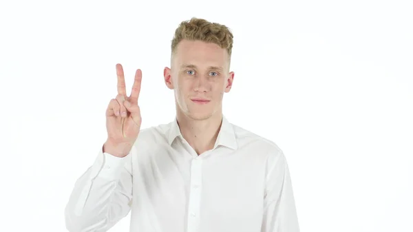 Victory Sign by Young Businessman, White Background — Stock Photo, Image