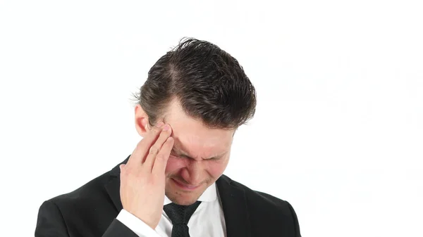 Huvudvärk, stressad affärsman på vit bakgrund — Stockfoto