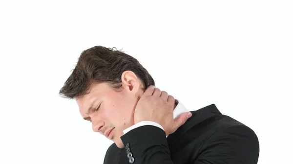Empresário cansado com dor no pescoço em fundo branco — Fotografia de Stock