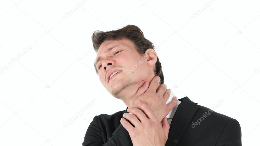 Neck Pain, Tired Businessman on White Background