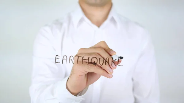 Earthquake, Man Writing on Glass — Stock Photo, Image