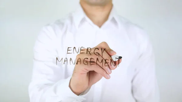 Energy Management, Man Writing on Glass — Stock Photo, Image