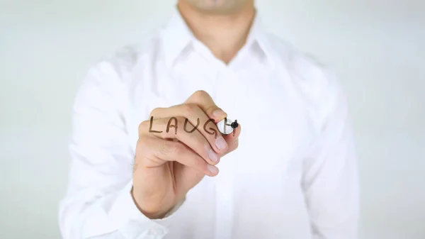 Ríete, hombre escribiendo en vidrio — Foto de Stock