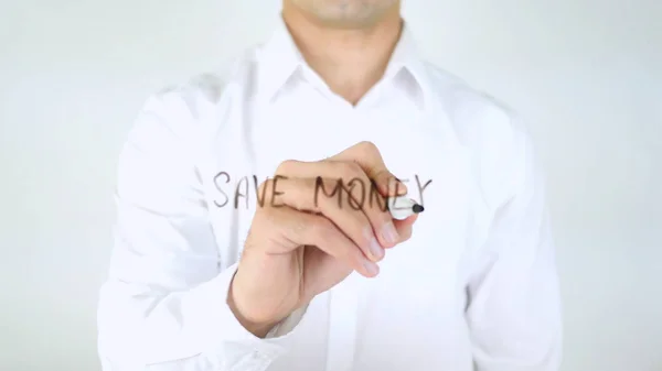 Save Money, Man Writing on Glass — Stock Photo, Image