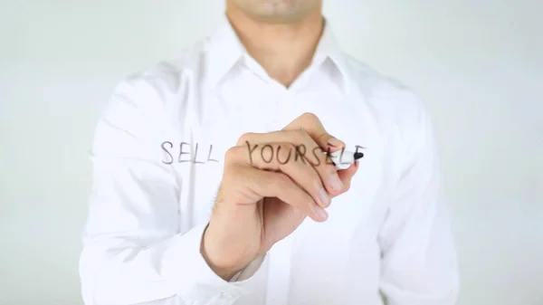 Sell Yourself, Man Writing on Glass — Stock Photo, Image