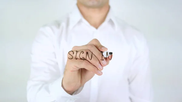 Entra, Uomo che scrive su vetro — Foto Stock