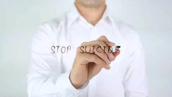 Зупинити самогубство, людина пише на склі — стокове фото