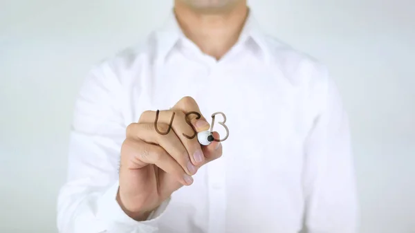 USB, homem escrevendo em vidro — Fotografia de Stock