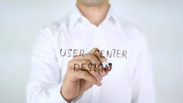 User Center Design, Man Writing on Glass — Stock Photo, Image