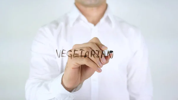 Vegetariano, homem escrevendo em vidro — Fotografia de Stock
