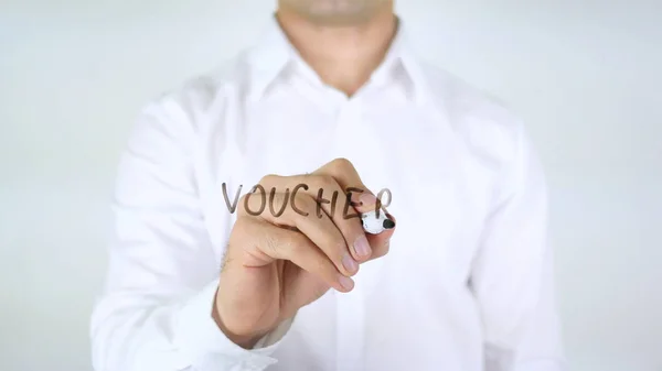 Voucher, Man Writing on Glass — Stock Photo, Image