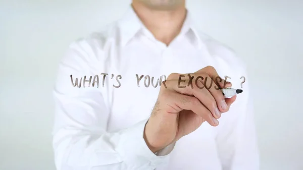 ¿Cuál es tu excusa?, Hombre escribiendo en vidrio —  Fotos de Stock