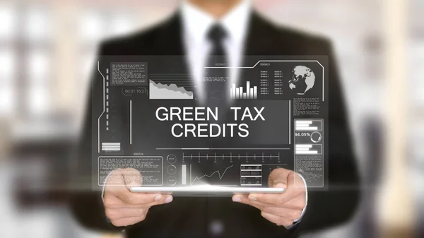 Πράσινο φορολογικών πιστώσεων, στο φουτουριστικό διεπαφή ολόγραμμα, επαυξημένης εικονικής πραγματικότητας — Φωτογραφία Αρχείου