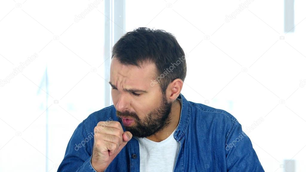 Cough, Sick Man Coughing Sitting in Office