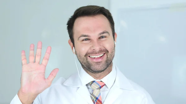 Close Up of Doctor Doing Video Chat, Webcam View — Stock Photo, Image