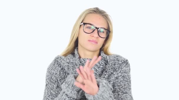 Rejecting, Cross Hands Gesture by Young Girl, White Background — Stock Video