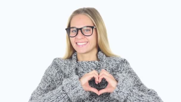 Heart Sign by Young Girl in Love, White Background — Stock Video