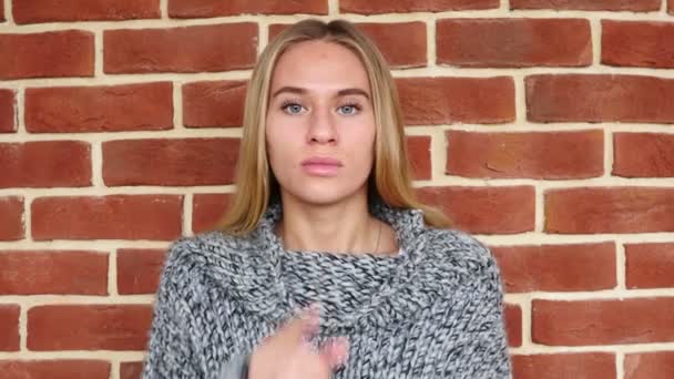 Gesture of Silence by Young Girl, Finger on in Loft Office — Stock Video