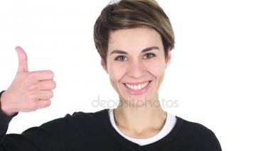 Başparmak yukarıya el hareketi güzel genç kadın portresi