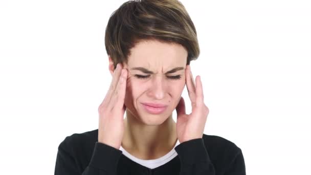 Güzel genç kadın el hareketi baş ağrısı, stres portresi — Stok video