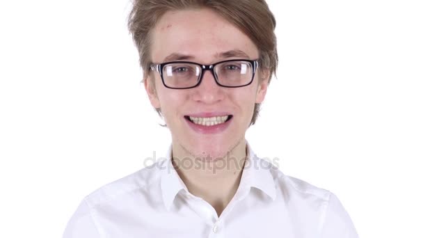 Portrait of Smiling Man in Glasses Looking at Camera in Office — Stock Video
