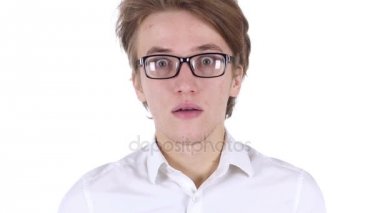 Şok, şaşırmış gibi el hareketi gözlüklü adam portresi