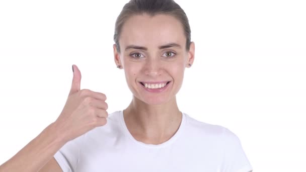 Portret van Midden leeftijd jonge vrouw gebaren Thumbs Up — Stockvideo
