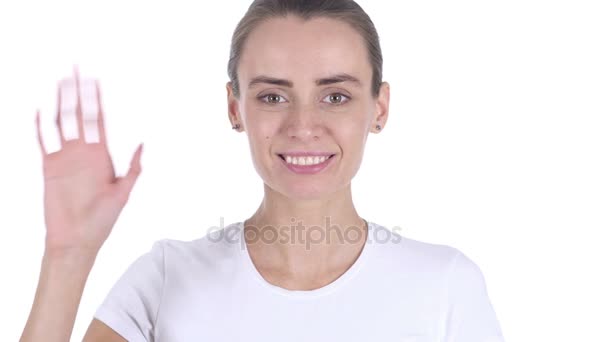Πορτρέτο της μέσης ηλικίας γυναίκα κουνώντας το χέρι του στην υποδοχή — Αρχείο Βίντεο