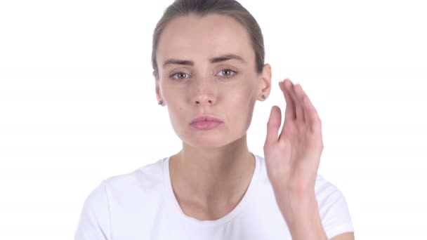 Young Beautiful Woman Listening Secret, White Background — Stock Video