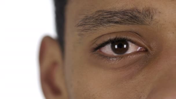 Close Up of Blinking One Eye of Afro-American Man — Stock Video