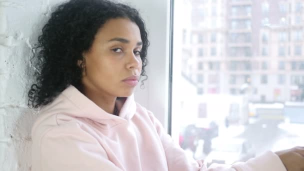 Close Up of Young Afro-American Woman Face, Window — Stock Video