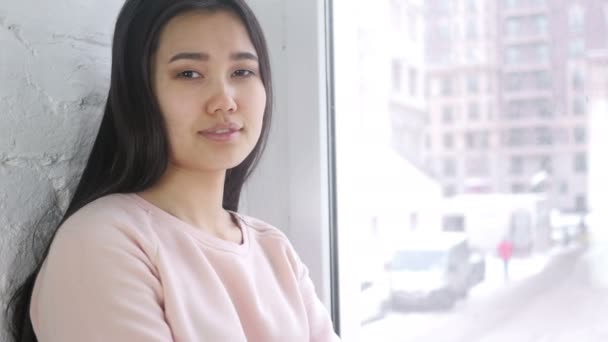 Satisfait jeune asiatique femme gestuelle ok signe, intérieur — Video