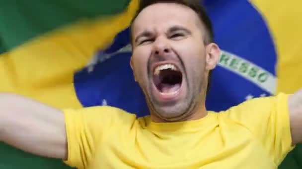 Brazilské ventilátor slaví drží brazilská vlajka v pomalém pohybu — Stock video