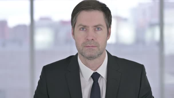 Porträt eines Geschäftsmannes mittleren Alters, der in die Kamera blickt — Stockvideo