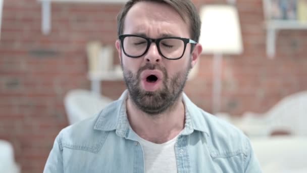 Portrait of Sick Beard Young Man Coughing in Loft Office — Stock Video